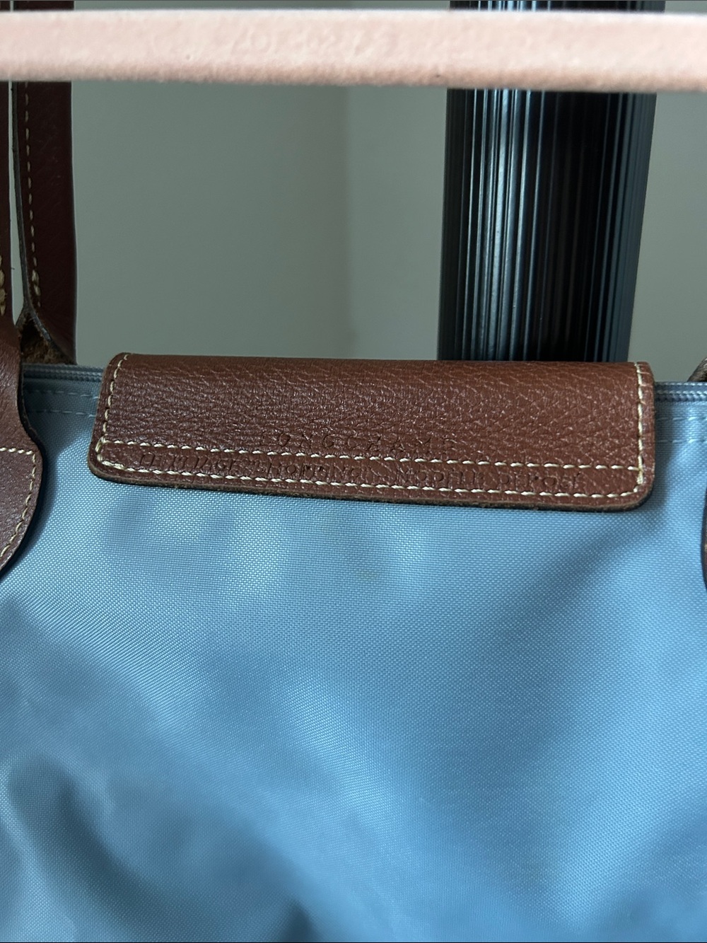 Longchamp Light Blue Nylon Tote with Brown Leather Trim - Picture 10 of 16